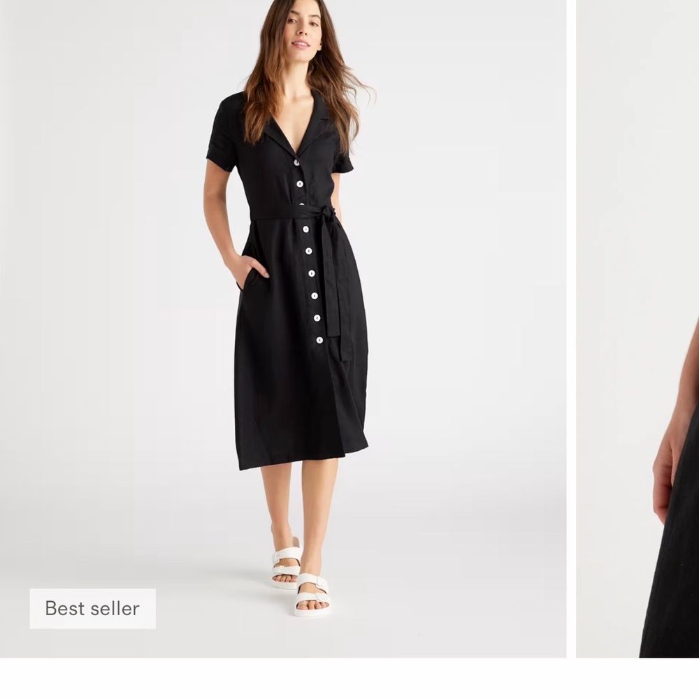 Quince Black Button-Front Shirt Dress with Tie Waist